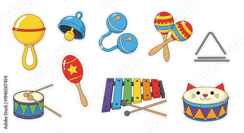 Variety of colorful musical instrument stickers for children including drums and maracas are shown in a bright and friendly style.