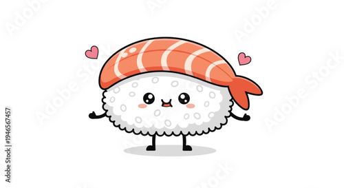 Sweet cartoon sushi character with a happy face and small pink hearts is shown in a kawaii illustration style on a white background.
