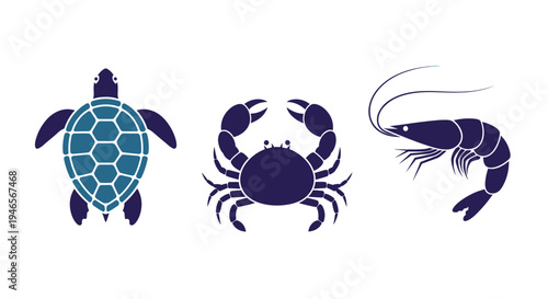Silhouettes of a sea turtle a crab and a shrimp are displayed in a dark blue color for marine life or seafood related designs.
