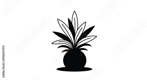Silhouette of a small potted plant with long pointed leaves is presented as a clean black graphic on a white background for icons.