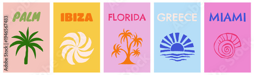 Vector set of cover design templates for travel vacation summer books, summer and sirf banners with hand drawn sketchy doodle illustrations in simple style