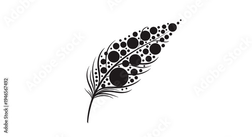 Artistic feather illustration filled with many black circles of different sizes is shown in a minimalist graphic style for decor.