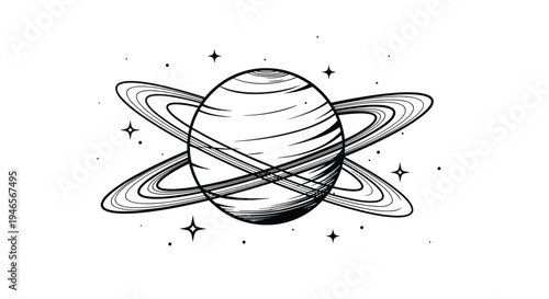 Detailed black and white line drawing of Saturn with its rings and surrounding stars is shown in a vintage astronomical style.