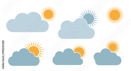 Set of weather icons showing the sun in various positions relative to clouds representing different sky conditions for meteorological reports.