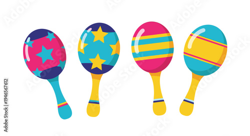 Four colorful maracas with stars and stripes patterns representing traditional Latin American musical instruments for festivals and parties.