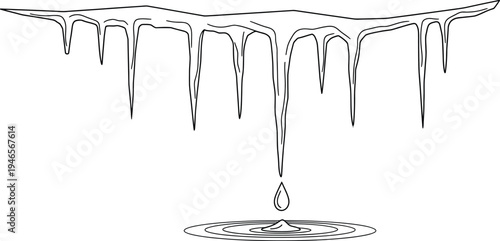 Icicles melting with a single drop falling into a small puddle of water below