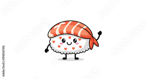 Adorable sushi character with a salmon topping and heart patterns on the rice waving its arms with a happy and friendly facial expression.