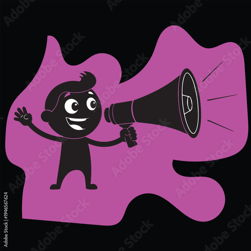 A cartoon character holding a megaphone with a bright pink background