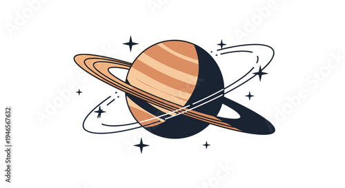 Stylized illustration of planet Saturn with its iconic rings and surrounding stars in space creating a cosmic and astronomical atmosphere.