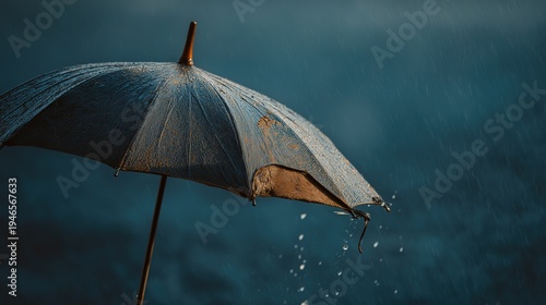 Close up of a tattered and wet umbrella in the rain with water droplets falling, representing resilience, enduring hard times, and the need for shelter in a storm.