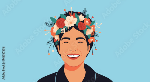 Joyful woman with a wide smile wearing a vibrant crown made of colorful flowers and leaves against a calm light blue background portrait.