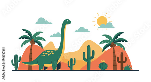 Long-necked Brachiosaurus dinosaur standing in a bright desert landscape with palm trees and cacti under a warm yellow sun illustration.