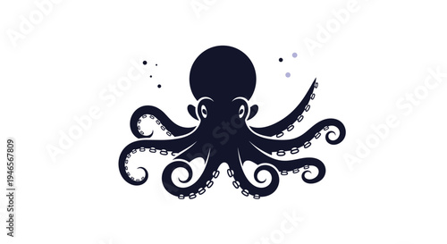 Detailed black silhouette of an octopus with its long tentacles and many suckers clearly defined against a plain white background.