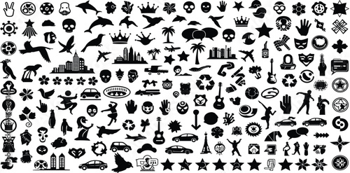 Large Black Silhouette Icon Mega Collection with Animals, Crowns, Skulls, Cities, Vehicles, Music, Sports, Nature, and Decorative Symbols Vector Set