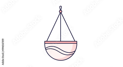 Minimalist hanging planter with a pink ceramic bowl-shaped pot and thin cord shown as a clean vector graphic on a white background.