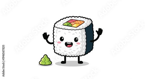 Cheerful sushi roll character with colorful vegetable filling and a smiling face standing next to a small dollop of green wasabi.