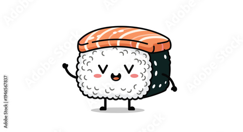 Peaceful sushi roll character with a salmon topping and closed eyes showing a happy and content facial expression in a cute cartoon style.
