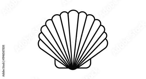 Simple black line drawing of a classic scallop seashell showing its iconic fan shape and symmetry for a clean and marine themed design.