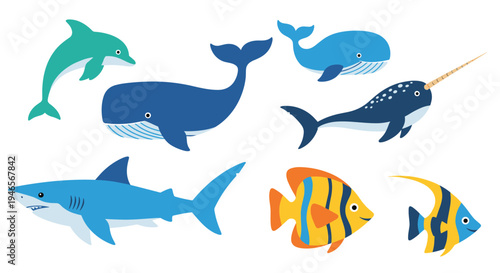 Group of seven diverse marine animals including whales, sharks, dolphins, and tropical fish shown in a clean and colorful vector set.