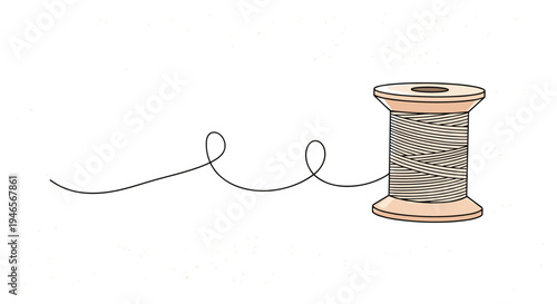Spool of light-colored thread with a loose line trailing away to the left in a simple and clean hand-drawn illustrative style for sewing.