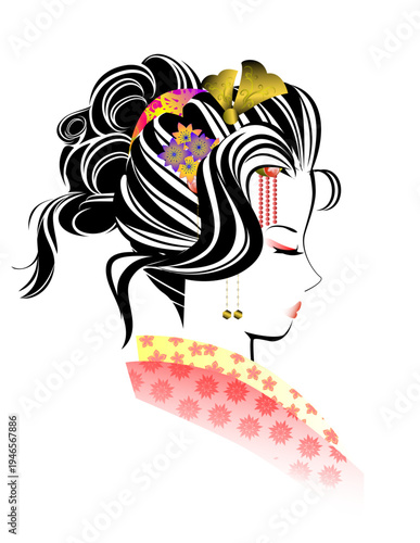 女性の顔、日本髪、着物