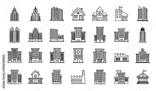 Premium buildings outline icon set thin line city architecture symbols vector collection