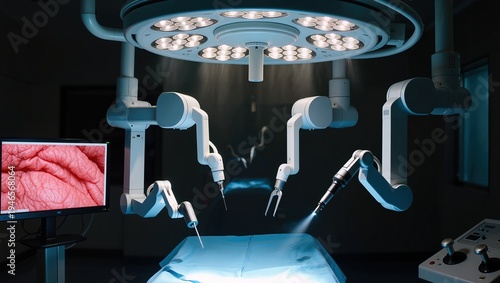 Robotic surgery setup. Advanced robotic devices prepared for minimally invasive procedures