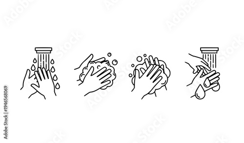 Hand washing linear icons set hygiene cleaning steps thin line vector illustration