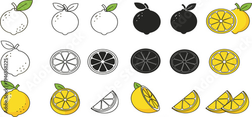 Lemon Fruit Icon Set with Whole Lemon, Lemon Slices, Citrus Segments and Outline, Glyph, and Colored Vector Illustration Collection