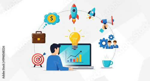 Business startup concept with person working on laptop and icons.