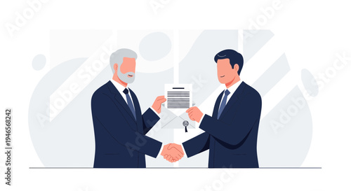 Businessmen shaking hands, signing contract, deal agreement, partnership, success