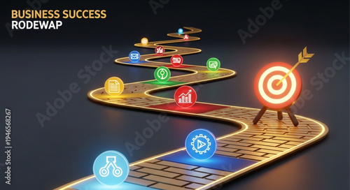 Business success path with glowing icons and target goal.