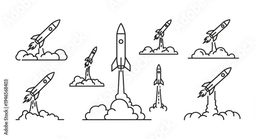 Collection of rocket launch illustrations with smoke trails.