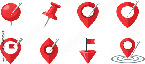 Map Location Pin Icon Set with Push Pins, Navigation Markers, Target Points and Flag Symbols for GPS Maps, Tracking, Destination and Travel Applications