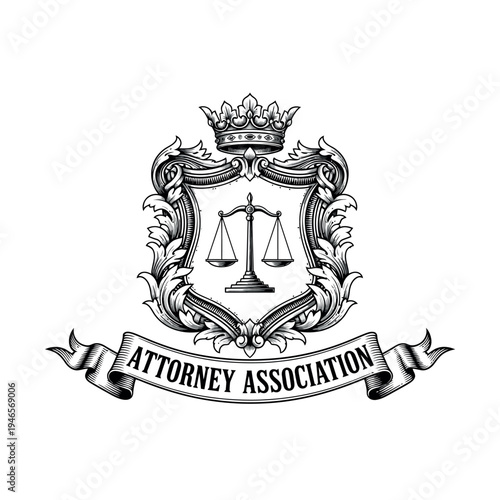 Ornate black and white crest with a crown, scales of justice, and a banner reading 'ATTORNEY ASSOCIATION', symbolizing law and the legal profession.