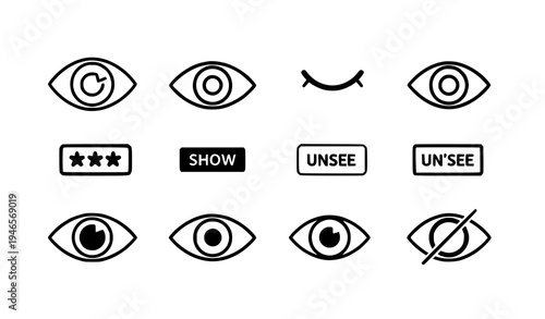 A set of black and white vector graphic eye icons and symbols