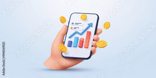 Mobile Investment and Online Trading Concept with Smartphone Showing Financial Growth Chart, Rising Arrow and Floating Coins for Digital Banking and Fintech Applications