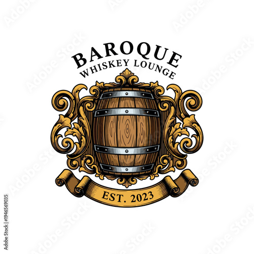 Baroque Whiskey Lounge logo featuring an ornate golden frame surrounding a wooden whiskey barrel, with a banner stating 'EST. 2023'.