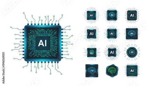 A vector graphic illustration of AI chip icons and logos in blue and green