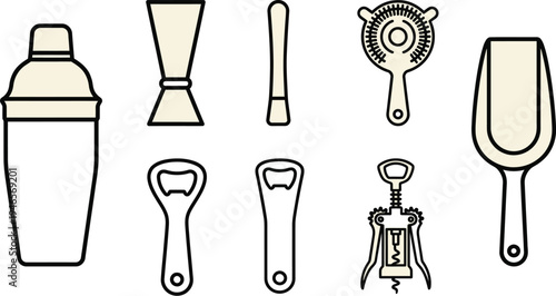 A clean set of outline icons displays essential bar tools such as a cocktail shaker, measuring jigger, bottle openers, and a corkscrew.