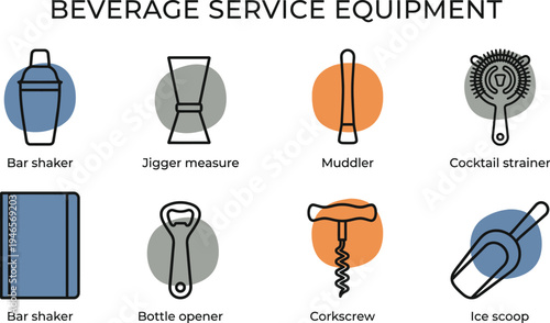 Eight essential beverage service equipment items are displayed in two rows featuring shakers, strainers, openers, and scoops.