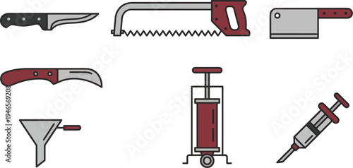 Collection of various specialized tools including knives, a saw, a pump, a funnel, and a syringe against a white background.