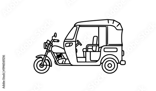 A minimalist line art illustration of a tuk-tuk vehicle in black and white