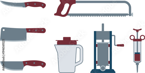 Butchering tools such as various knives, a bone saw, a meat grinder, and an injector are arranged for food preparation.