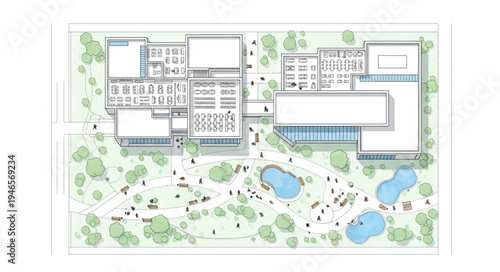 Architectural plan of a modern building with surrounding landscape design.