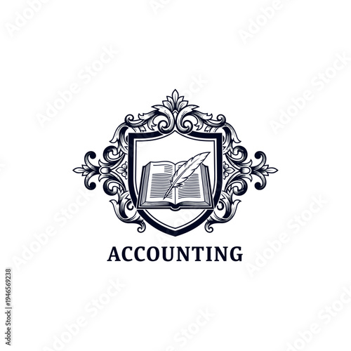 Ornate crest logo featuring an open book and a quill pen, with the word 'ACCOUNTING' below, symbolizing education and financial services.