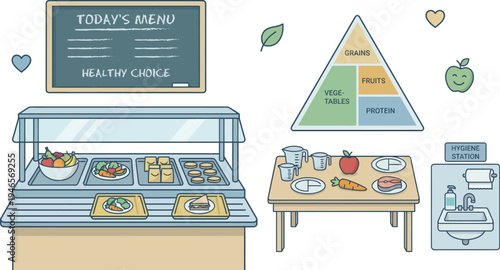 An illustration depicts a cafeteria serving line with a food display case, a table setting demonstrating nutritional balance, and a handwashing station.