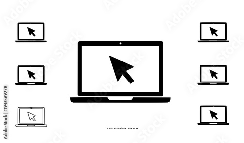 A minimalist vector graphic of laptops with cursor icons on screens