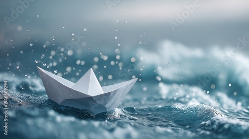 White paper boat sailing on a rough and wavy blue ocean with water splashes, symbolizing courage, resilience, hope, and navigating through difficult life challenges.
