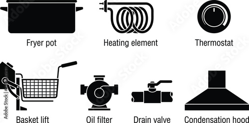 A set of black icons depicts various deep fryer components such as a heating element, thermostat, oil filter, and condensation hood.